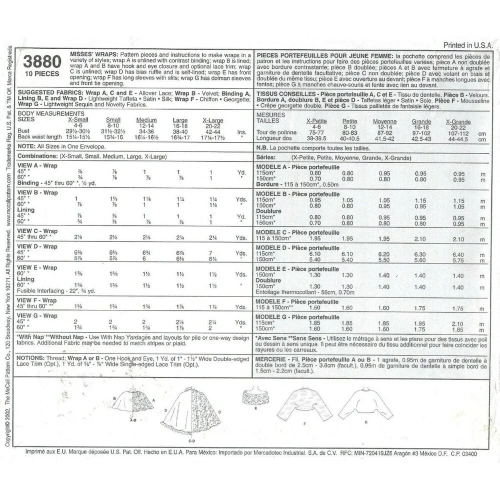 McCalls Sewing Pattern‎ 3880 Wrap Misses Size XS-XL